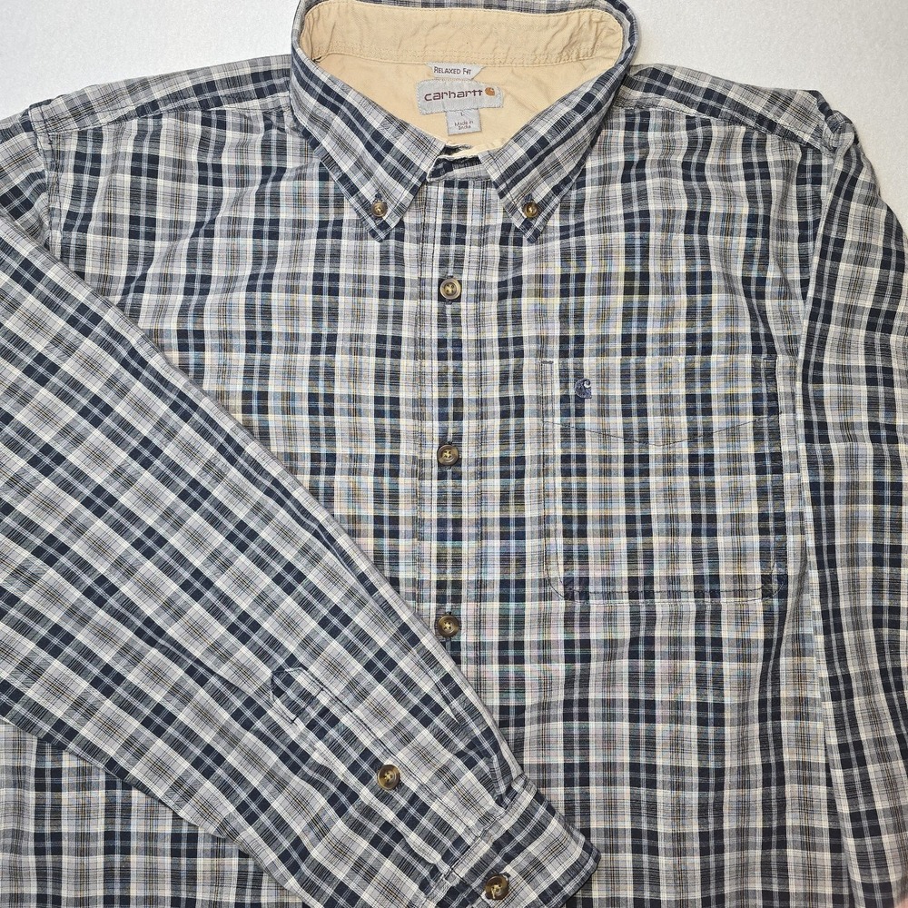 Carhartt Plaid Shirt Mens L Relaxed Fit Button Down Workwear Blue Cotton‎ Rugged